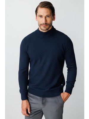 İGS Lacivert Standart Fit Dar Kalıp Yarım Balıkçı Düz Uzun Kollu  Triko