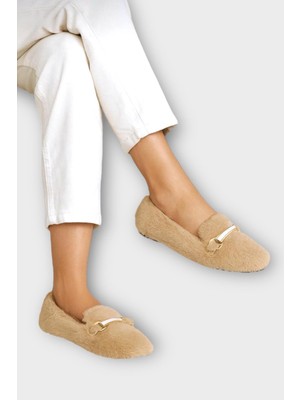 Liger Yumuşak Peluş Ses Yapmaz Hafif Taban Kadın Ev Babeti Panduf Bej