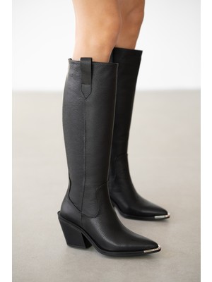 Selin Shoes Avyssa Hakiki Deri Kısa Fermuarlı Sivri Burun Kadın Çizme- Siyah