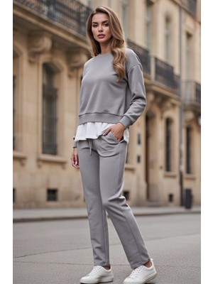 The Kadın Basic Bisiklet Yaka Etek Ucu Detaylı Sweatshirt ve Pantolon Eşofman Takımı- Siyah/melanj/gri