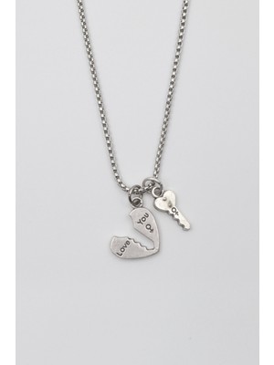 IDR Kalp ve Anahtar 'Love' Yazılı Kolye - Örme İthal Zincirli Unisex Gümüş Kaplama - 60 cm