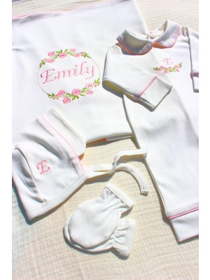 Babies First Çiçekli Isme Özel 6 Parça Yenidoğan Set %100 Pamuk Tulum Battaniye Şapka Yastık Puset Örtü Eldiven