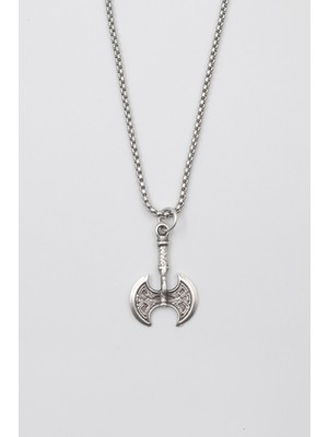 IDR Viking Çift Başlı Balta Kolye - Örme İthal Zincirli Unisex Gümüş Kaplama - 60 cm