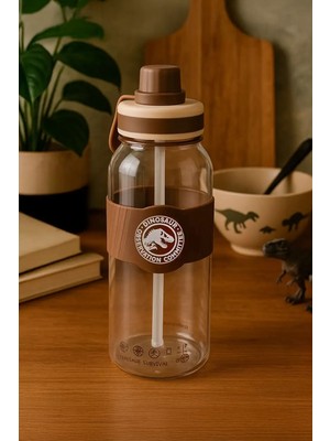 Miniso Jurassic World Saplı ve Pipetli Plastik Şişe 1000 ml (Kahverengi)