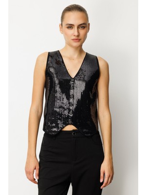 On Kadın Önü Pullu Triko Kumaş Yelek  60918 Siyah