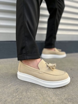 Joy Ayakkabı JY154 Blaze Bağcıksız Püsküllü Süet Erkek Günlük Spor Klasik Ayakkabı Sbt - Krem