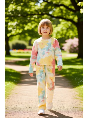 PayBuy Kız Çocuk Pamuklu Batik Desenli Kapüşonlu Sweatshirt ve Eşofman Altı Takımı Kaliteli Şık Rahat