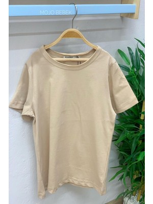 Woorage Unisex Çocuk Basic Kısa Kol T-shirt 5203 Bej