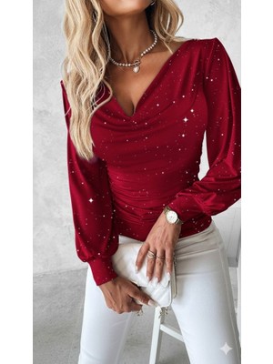 Veraura Lifestyle Kadın Uzun Kollu Degaje Yaka Taşlı Sandy Bluz