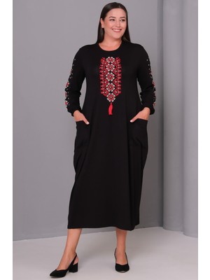 Şans Kadın Büyük Beden Siyah, Bisiklet Yaka Cepli Nakışlı Elbise 65N39141