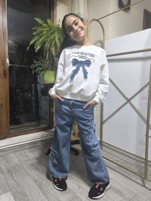 Şimo Butik Kız Çocuk Bol Paça Kot Pantolonlu Takım (Sweatshirt+ Beli Lastikli Pantolon) Kurdeleli Mavi