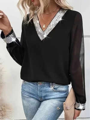 Hariqa Kadın Uzun Kollu V Pulpayet Yakalı Ithal Krep Bluz