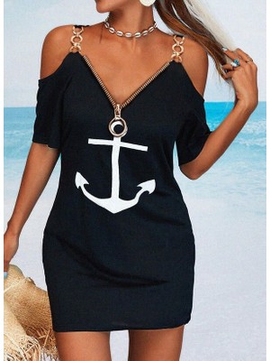 Hariqa Fermuar Detay Çıpa Baskılı Zincir Askılı Viskon Elbise