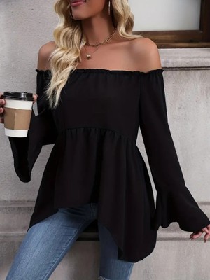 Nnstartshopping  Kadın Uzun Kollu Madonna Yaka Asimetrik Detaylı Kolları Ispanyol Viskon Bluz