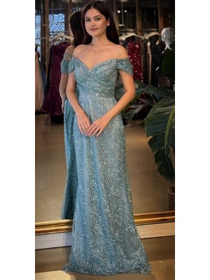 Abiyeniall Mint Madonna Yaka Sırt Dekolteli  Düz Kesim  Simli Uzun Abiye Elbise 11113-01