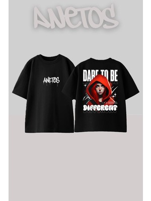 Anetos Dare To Be Tasarım Sırt Baskılı Pamuk Siyah Oversize T-Shirt