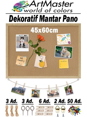 ArtMaster Mantar Pano Ahşap Çerçeve Duvara Monte 45X60 cm 1 Adet Harita Çivisi Hediyeli Dekorasyon Mantar Çerçeve Evde Okulda Büro