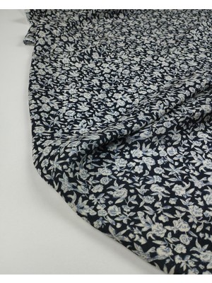 Kumaş Parça Siyah Üzeri Bej Mavi Çiçekli Viskon Vual En: 130 cm