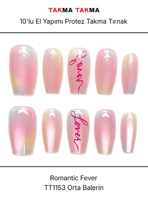Takma Takma 10'lu Pembe Orta Balerin TT1153 Tekrar Kullanılabilir El Yapımı Protez Takma Tırnak - Pembe-M