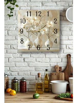 KutuTR Beyaz Çiçekli Vazo Desenli Temperli Cam Kare Saat 33X33 cm Ebadında Uv Baskı - KCS098