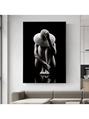 GülsenArt Nude Şapkalı Oturan Kadın Dekoratif Hd Dijital Baskı Dikey Kanvas Tablo Ofis Dekoru