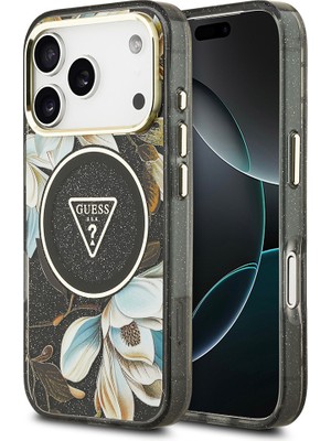 iPhone 17 Pro Kılıf Guess Lisanslı M-Safeli Simli Çiçek Desenli Metal Kamera Çerçeveli Kapak Siyah