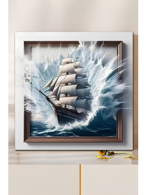 KutuTR 3D Görünümlü Temperli Cam Tablo – Yelkenli ve Okyanus Dalgası Teması Uv Baskı 33X33 CM-CTK060