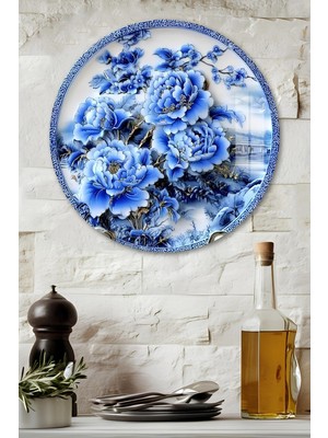 KutuTR 3D Görünümlü Temperli Cam Tablo – Mavi Çiçek Desenli Duvar Süsü Uv Baskı 33X33 CM-CDS115