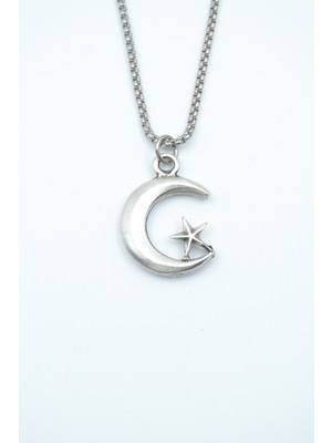 IDR Ay Yıldız Gümüş Kaplama Örme Zincir Kolye