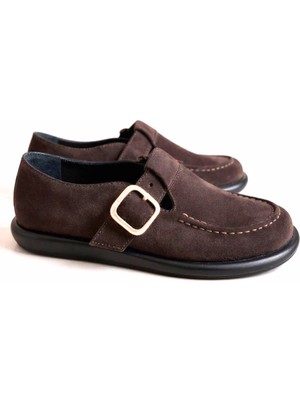 Ne&Ve Shoes Kahve Süet Hakiki Deri Tokalı ve Lastikli Kadın Casual Ayakkabı