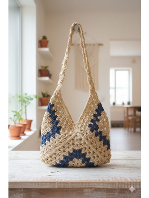 El Yapımı Iki Renk Motifli Kağıt Ip Kadın Kol Çantası