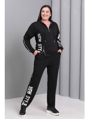 Şans Kadın Büyük Beden Siyah, Yarım Pat Fermuar, Baskı Detaylı Eşofman Takım 65N39226