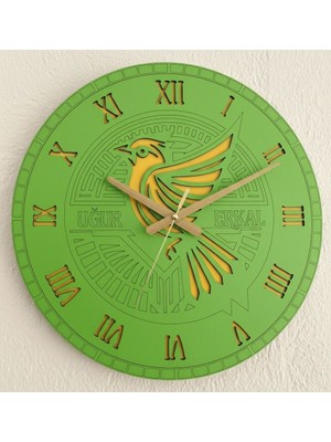 Pelince Kişiye Özel Isimli Kanarya Tasarımlı Duvar Saati | Romen Rakamlı Lazer Kesim Ahşap Dekor | 40 cm