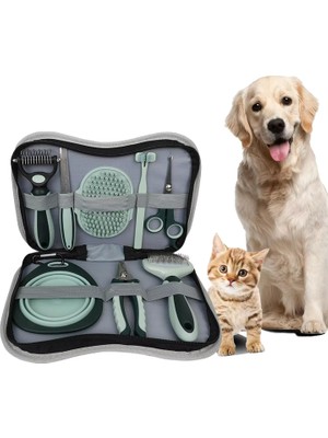 GreaTech 8 Parça Evcil Hayvan Tarak Makas Seti Kedi ve Köpek Bakım Makası Banyo Fırçası Su Kasesi