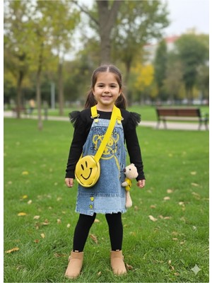 Şimo Butik Kız Çocuk Kotlu Salopet Çantalı Oyuncaklı Takım Özel Tasarım (Oyuncaklı Kot Elbise+Bluz+Çanta)
