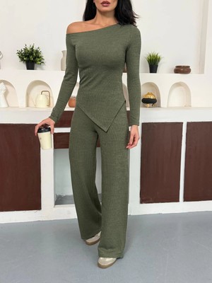 Asfa Moda Haki Kayık Yaka Asimetrit Kesim Bluz Ispanyol Paça Pantolon Ikili Takım