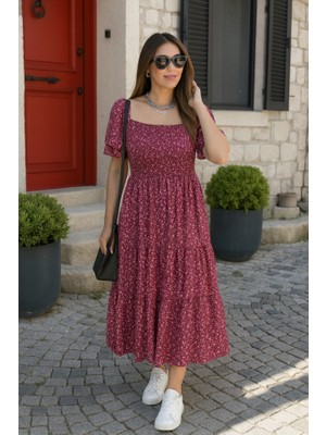 Nnstartshopping  Kadın Kısa Kollu Gipe Detaylı Desenli Midi Süprem Elbise