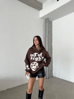 Etiler Collection 3 Iplik Şardonlu Oversize Out Of Baskılı Sweat Kahve