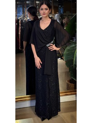 Abiyeniall Siyah V Yaka Kısa Kollu Taş Detaylı  Düz Kesim Likralı Simli Uzun Abiye Elbise 11035-01