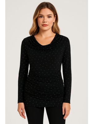 Şans Kadın Büyük Beden Siyah, Degaje Yaka, Bel Lastik Detaylı Taş Işli Bluz 65N39211