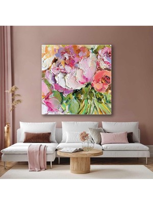 GülsenArt Pembe Çiçek Buketi Fırça Izleri Bitki Kare Hd Baskı Kanvas Tablo