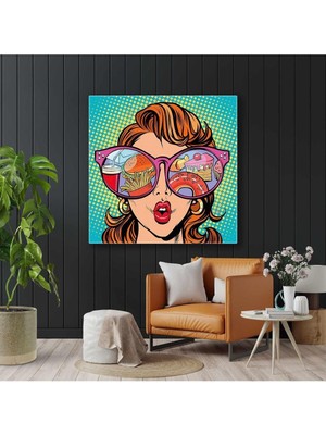 Pembe Gözlüklerine Hamburger Donut Yansıyan Model Kare Hd Dijital Baskı Kanvas Tablo