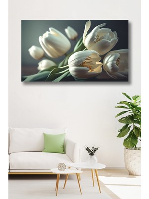 GülsenArt Amesburry Dekoratif Beyaz Lale Yatay Hd Dijital Baskı Salon Oturma Odası Kanvas Tablo