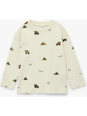 Koton Baskılı Uzun Kollu Bisiklet Yaka Pamuklu Tişört