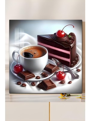 KutuTR 3D Görünümlü Kahve ve Çikolatalı Pasta Temalı Temperli Cam Kare TABLO33X33 cm Uv BASKI-CTK052