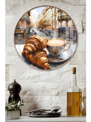 KutuTR 3D Görünümlü Temperli Cam Tablo – Kahve ve Kruvasan Temalı Duvar Süsü Uv Baskı 33X33 CM-CDS081