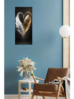 KutuTR Altın ve Beyaz Tüy Kalp Desenli Temperli Cam Dik Tablo 30X60 cm Ebadında Uv Baskı - DCT087