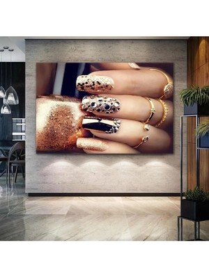Pırlanta Tırnak Gold Makyaj Kuaför Güzellik Salonu Dekor Hd Dijital Baskı Yatay Kanvas Tablo