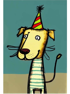 GülsenArt Çocuk Odası Hd Dijital Baskı Dikey Kanvas Tablo Party Şapkalı Karikatür Çizgisel Köpek