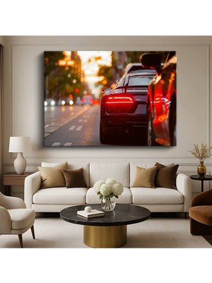 Audi R8 Gece Görünümü Kanvas Tablo Şehir Işıkları Parlayan Süper Otomobil Tablo
